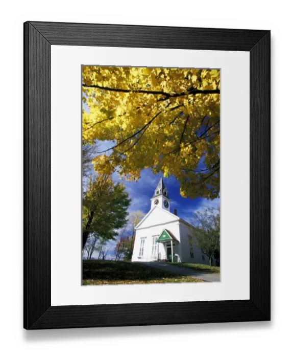 Framed Print : North America, United States, Vermont. White church with fall maple trees
