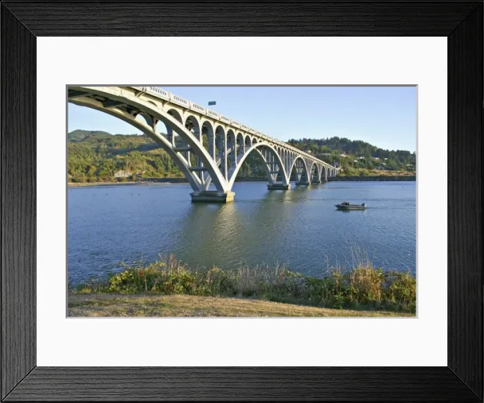 Framed Print : Patterson Memorial Bridge highway 101 over Rogue River on coast at Gold Beach Oregon
