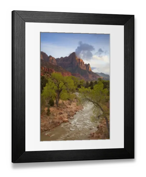 Framed Print : The Watchman Mountain looms over the Virgin River at sunset in Zion National Park in Utah Framed Print : The Watchman Mountain looms over the Virgin River at sunset in Zion National Park in Utah