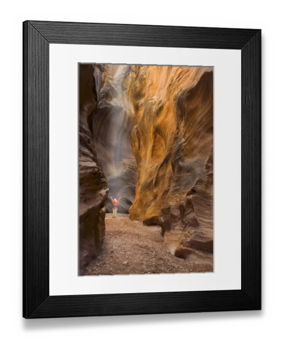 Framed Print : USA, Utah, Willis Creek. Woman hiker admiring slot canyon rock formations Framed Print : USA, Utah, Willis Creek. Woman hiker admiring slot canyon rock formations