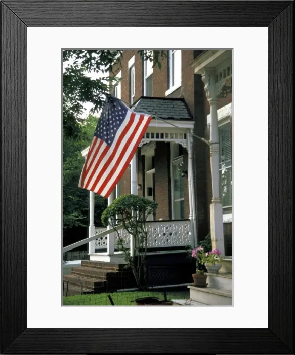 Framed Print : USA, Virginia, Richmond. Flag flying in front of townhouse Framed Print : USA, Virginia, Richmond. Flag flying in front of townhouse