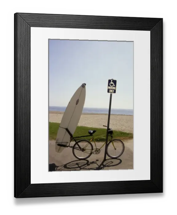 Framed Print : California: Santa Barbara, Leadbetter beach, bike and surfboard resting against sign post Framed Print : California: Santa Barbara, Leadbetter beach, bike and surfboard resting against sign post