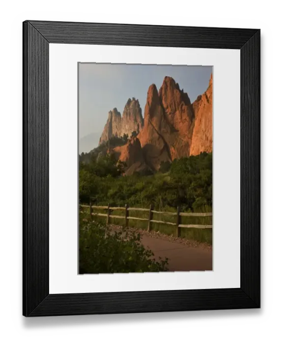 Framed Print : USA, Colorado, Colorado Springs. A paved walkway accesses sandstone peaks in Garden