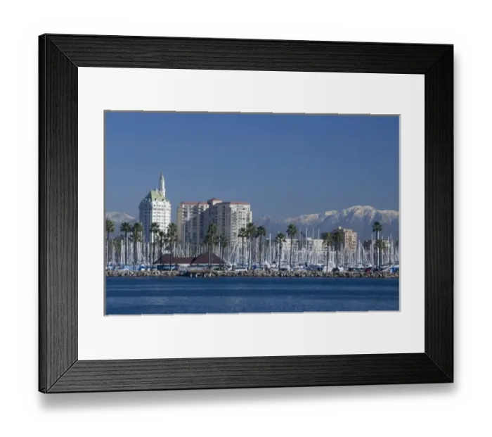Framed Print : California, Long Beach. Skyline views of the port area of Long Beach. Snow-capped Framed Print : California, Long Beach. Skyline views of the port area of Long Beach. Snow-capped