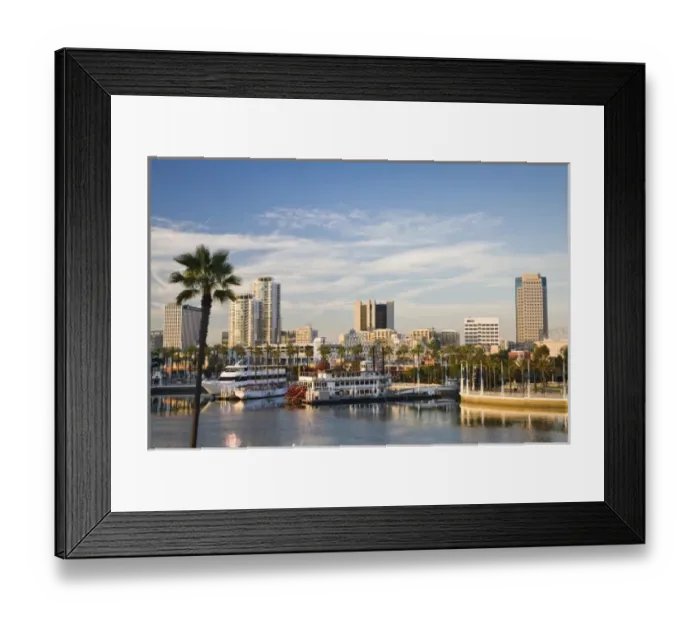 Framed Print : USA, California, Long Beach. Shoreline Village, marina and city view