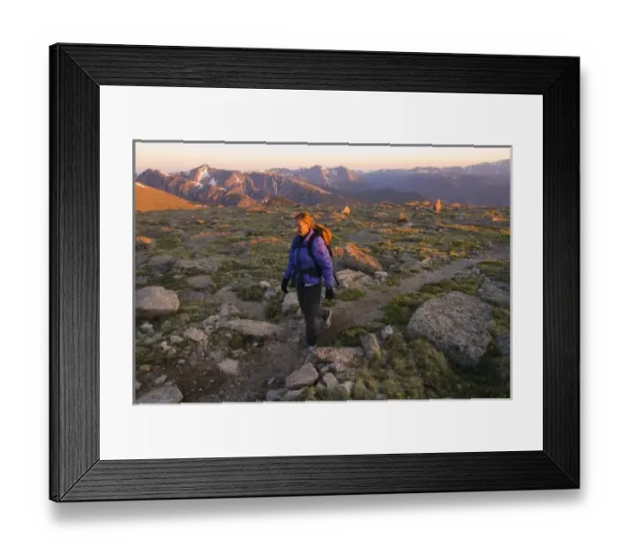 Framed Print : USA, Colorado, Rocky Mountain NP. A female hiker on the Longs Peak trail. (MR)