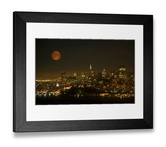 Framed Print : An orange full moon rises over the San Francisco cityscape