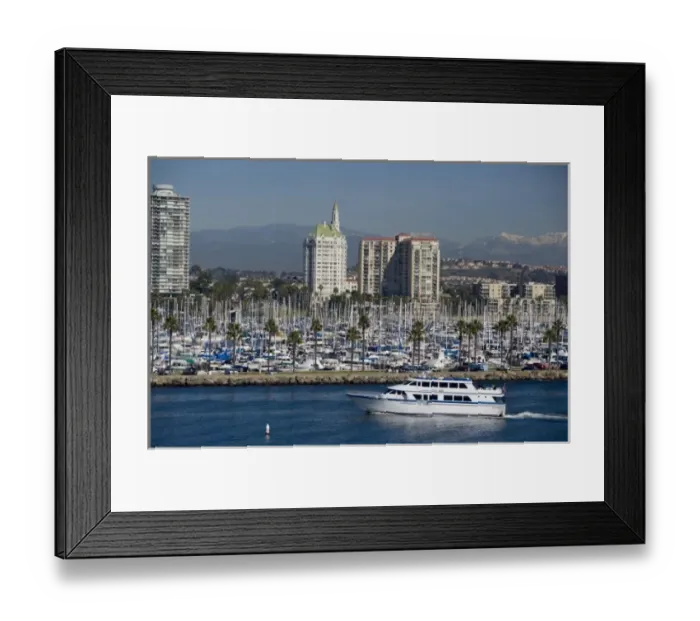 Framed Print : California, Long Beach. Skyline views of the port & marina area of Long Beach. Snow-capped Framed Print : California, Long Beach. Skyline views of the port & marina area of Long Beach. Snow-capped