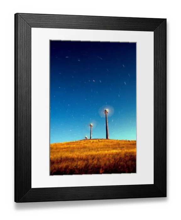 Framed Print : Startrails appearing to be blown by wind turbines under a full moon Framed Print : Startrails appearing to be blown by wind turbines under a full moon