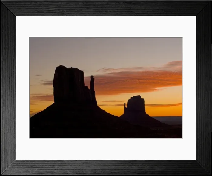 Framed Print : The west and east Mitten buttes silhouetted at sunset, Monument Valley, Navajo Tribal Park, Arizona Framed Print : The west and east Mitten buttes silhouetted at sunset, Monument Valley, Navajo Tribal Park, Arizona