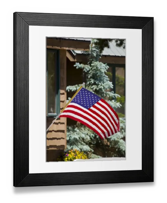 Framed Print : USA, Colorado, Frisco. American flag waves in front of home on July FourthFred J Framed Print : USA, Colorado, Frisco. American flag waves in front of home on July FourthFred J