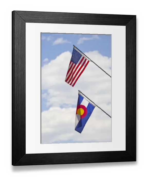 Framed Print : USA, Colorado, Frisco. American and Colorado state flags fly in July Fourth paradeFred J