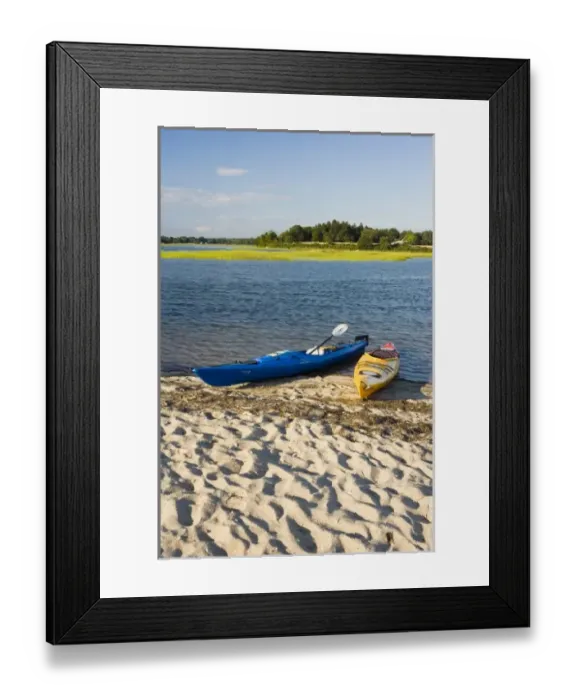Framed Print : Kayaks on the beach at Griswold Point in Old Lyme, Connecticut. Mouth of the Connecticut River