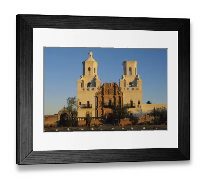 Framed Print : USA, Arizona, Xavier Del Bac Mission, near Tucson, sunrise on classic architecture Framed Print : USA, Arizona, Xavier Del Bac Mission, near Tucson, sunrise on classic architecture