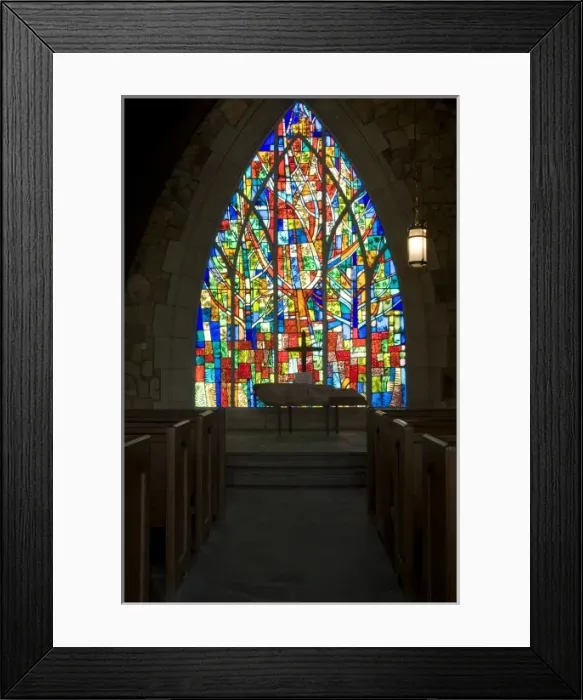 Framed Print : USA, Georgia, Pine Mountain. Stained glass window in the Ida Cason Callaway Memorial Chapel