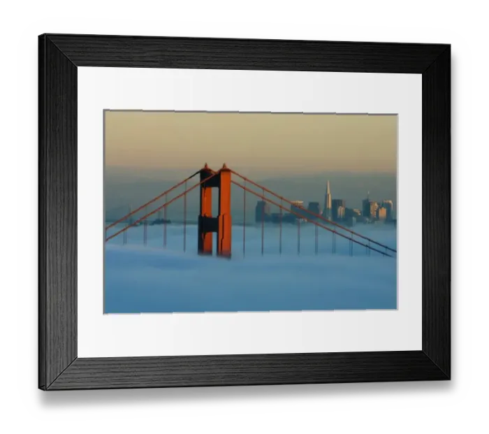 Framed Print : Fog rolls through the San Francisco bay covering the Golden Gate Bridge and city Framed Print : Fog rolls through the San Francisco bay covering the Golden Gate Bridge and city