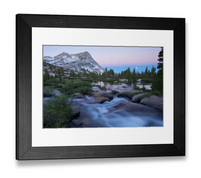 Framed Print : USA, California, Yosemite National Park. Moonset at sunrise with Vogelsang Peak