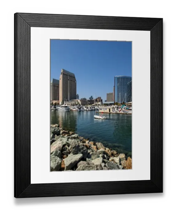 Framed Print : Seaport Village Marina in San Diego Bay, California. Boats and ships at pier