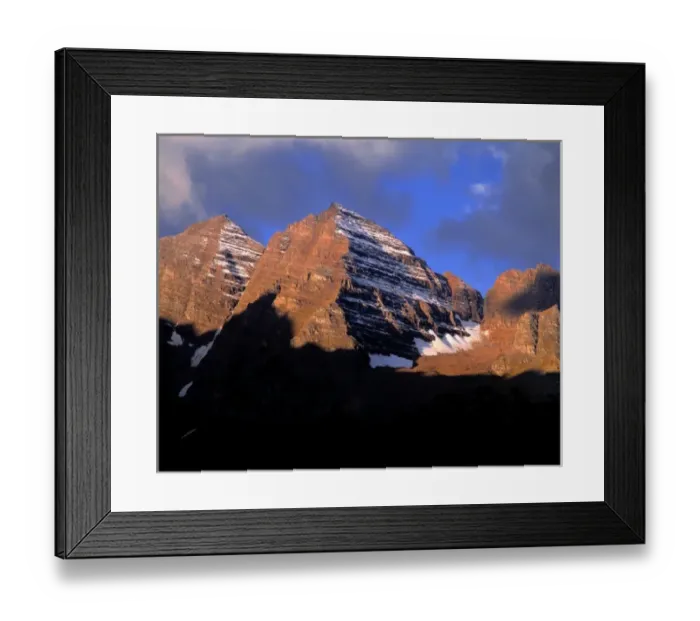 Framed Print : USA, Colorado, Maroon Bells. Both the early light and striations of snow enhance Maroon Bells