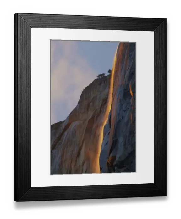 Framed Print : USA, California, Yosemite NP. Light reflects off Horsetail Falls, formed by melting Framed Print : USA, California, Yosemite NP. Light reflects off Horsetail Falls, formed by melting