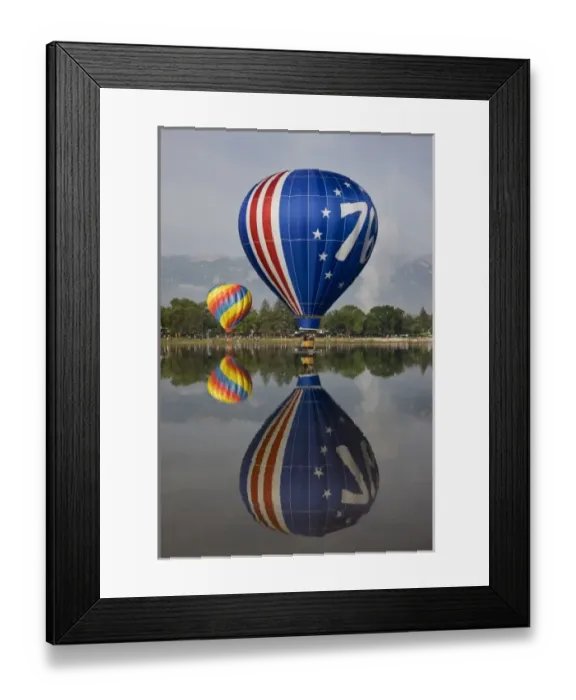 Framed Print : USA, Colorado, Colorado Springs. Hot air balloons reflected in Prospect Lake Framed Print : USA, Colorado, Colorado Springs. Hot air balloons reflected in Prospect Lake