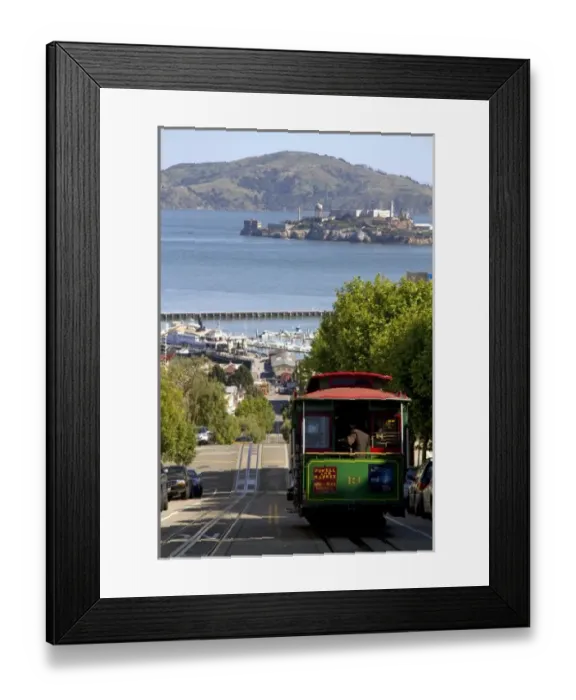 Framed Print : Cable car and Alcatraz Island in San Francisco, California, USA