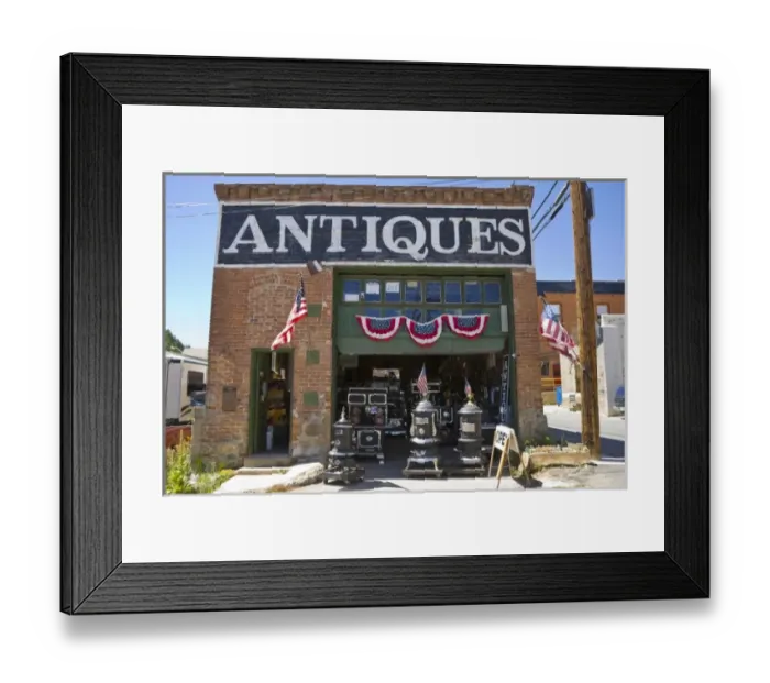 Framed Print : USA, Colorado, Idaho Springs. Outside of antique store decorated with American flags Framed Print : USA, Colorado, Idaho Springs. Outside of antique store decorated with American flags
