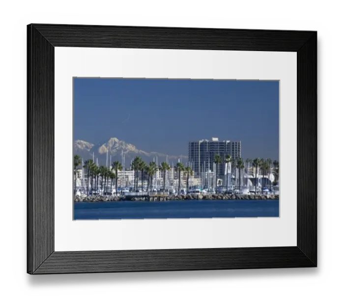 Framed Print : California, Long Beach. Skyline views of the port area of Long Beach. Snow-capped