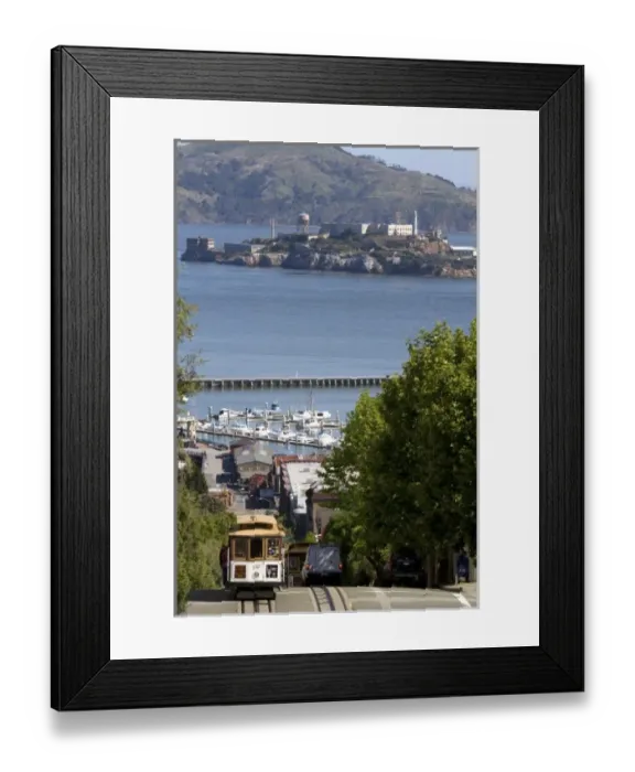 Framed Print : Cable car and Alcatraz Island in San Francisco, California, USA Framed Print : Cable car and Alcatraz Island in San Francisco, California, USA