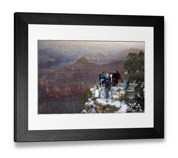 Framed Print : USA, Arizona, Grand Canyon National Park. Visitors at Yavapai Point for sunrise in winter