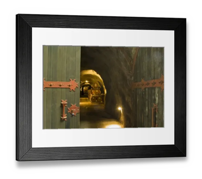 Framed Print : Wooden door entrance to one of aging miners caves with oak barrels at Ironstone Winery Framed Print : Wooden door entrance to one of aging miners caves with oak barrels at Ironstone Winery