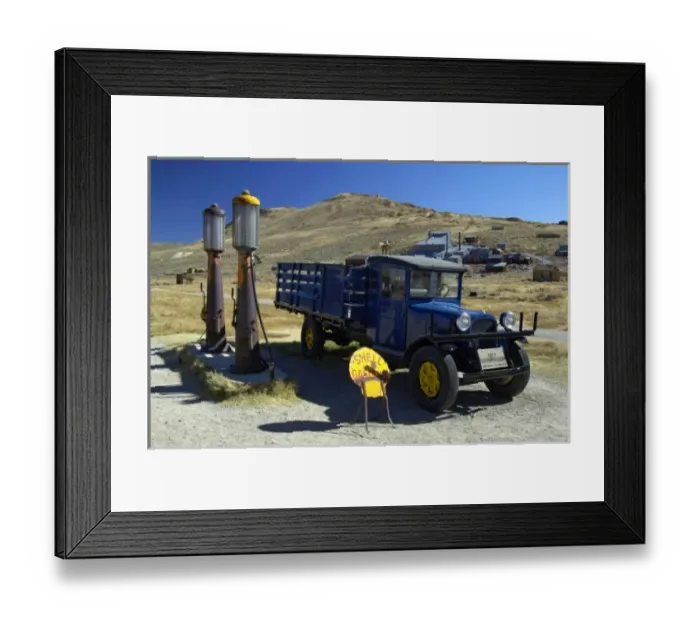 Framed Print : USA, California, Bodie State Historic Park, 1927 Dodge truck and vintage gas pumps
