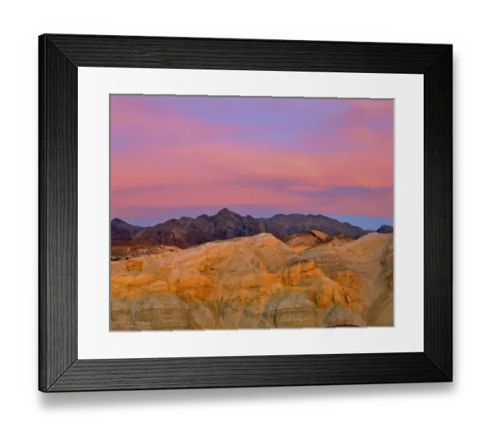 Framed Print : USA, California, Death Valley NP. Sunset colors the sky with vibrant pink and purple