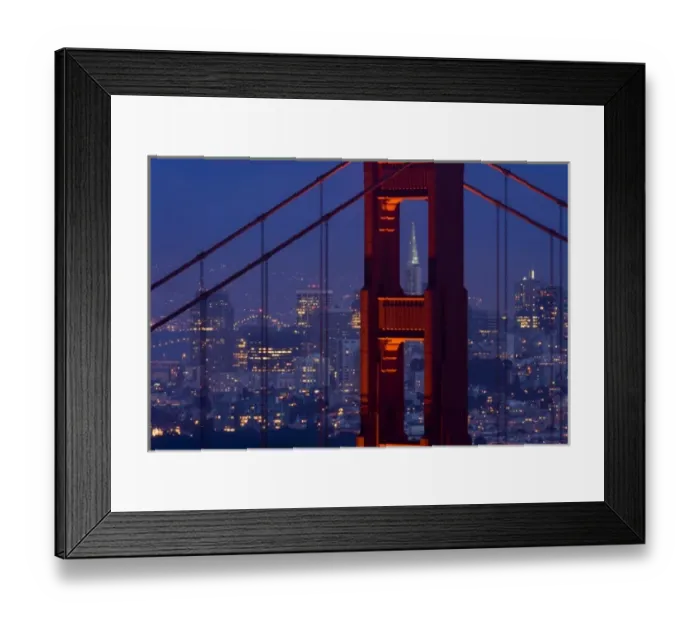 Framed Print : A dusk view of San Francisco with the Transamerica building through the Golden Gate Bridge Framed Print : A dusk view of San Francisco with the Transamerica building through the Golden Gate Bridge