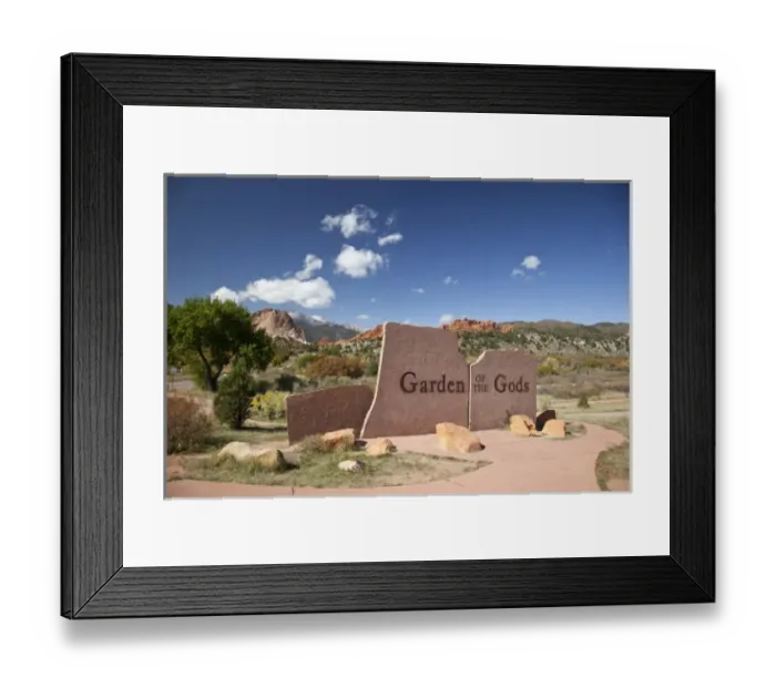 Framed Print : USA, Colorado, Colorado Springs, Garden of the Gods with Pikes Peak and Entrance sign Framed Print : USA, Colorado, Colorado Springs, Garden of the Gods with Pikes Peak and Entrance sign