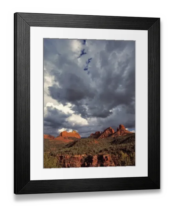 Framed Print : USA, Arizona, Oak Creek Canyon. Menacing clouds race through the red rocks of Oak Framed Print : USA, Arizona, Oak Creek Canyon. Menacing clouds race through the red rocks of Oak
