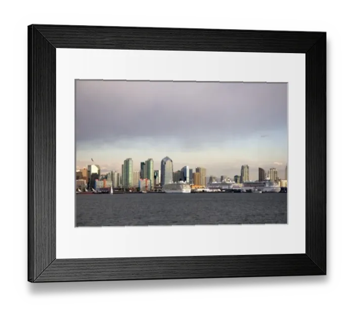 Framed Print : Cityscape with three cruise ships docked in San Diego, California