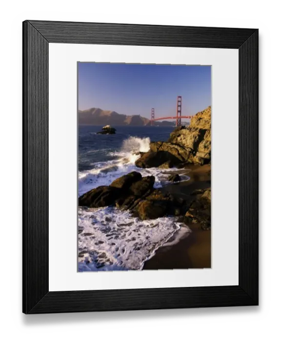 Framed Print : Waves crash on the California coast overlooking the Golden Gate Bridge