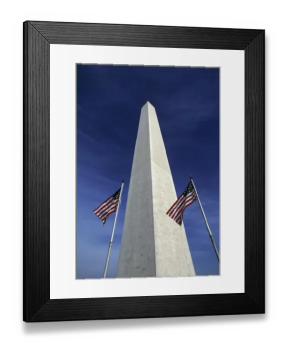 Framed Print : USA, District of Columbia. Waving American flags accent the stately Washington Monument Framed Print : USA, District of Columbia. Waving American flags accent the stately Washington Monument