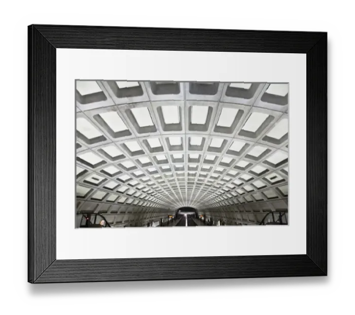 Framed Print : USA, Washington DC, A platform in a subway station with a modern contoured patterned walls Framed Print : USA, Washington DC, A platform in a subway station with a modern contoured patterned walls