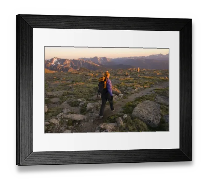 Framed Print : USA, Colorado, Rocky Mountain NP. A female hiker on the path to Longs Peak. (MR) Framed Print : USA, Colorado, Rocky Mountain NP. A female hiker on the path to Longs Peak. (MR)