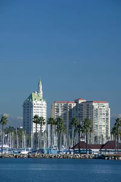 California, Long Beach. Skyline views of the port & marina area of Long Beach. Snow-capped