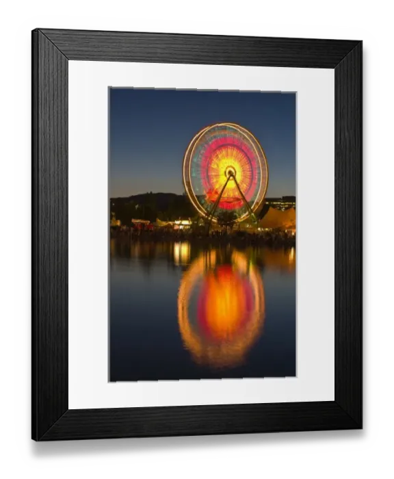Framed Print : USA, California, Marin County. Spinning ferris wheel reflects in lake at Civic Center Fairgrounds