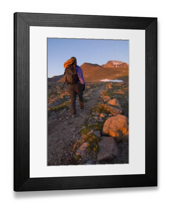 Framed Print : USA, Colorado, Rocky Mountain NP. A female hiker on the path to Longs Peak. (MR) Framed Print : USA, Colorado, Rocky Mountain NP. A female hiker on the path to Longs Peak. (MR)