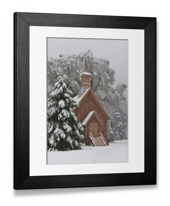 Framed Print : USA, California, Yosemite National Park. Yosemite Chapel in Snowstorm Framed Print : USA, California, Yosemite National Park. Yosemite Chapel in Snowstorm