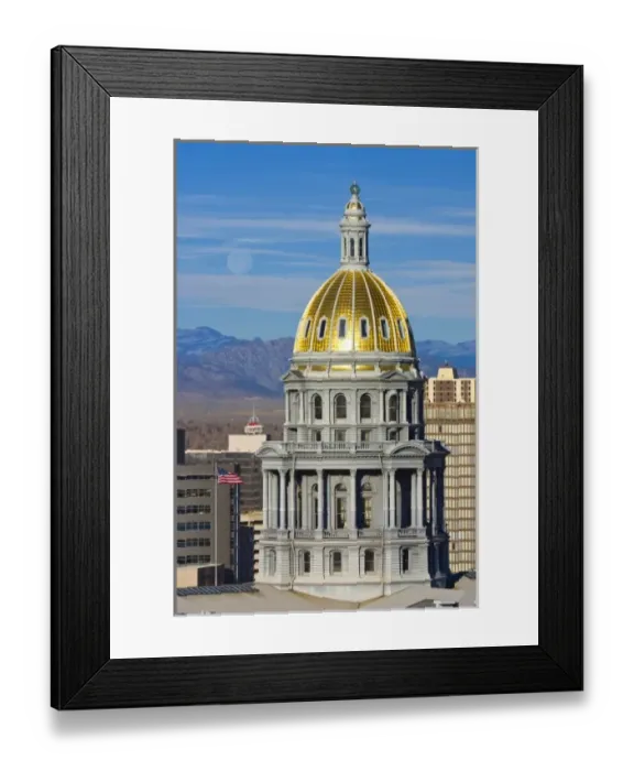 Framed Print : USA, Colorado, Denver. View of state capitol building dome against moonset over the mountains