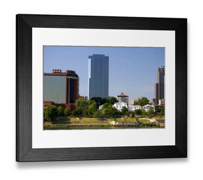 Framed Print : Old Statehouse and modern office buildings along the Arkansas River at Little Rock, Arkansas