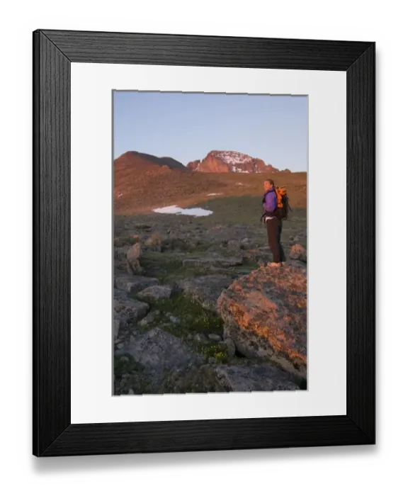 Framed Print : USA, Colorado, Rocky Mountain NP. A female hiker and Longs Peak. (MR)