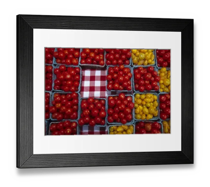 Framed Print : California: Santa Barbara Market, baskets of yellow and red cherry tomatoes for sale, October Framed Print : California: Santa Barbara Market, baskets of yellow and red cherry tomatoes for sale, October