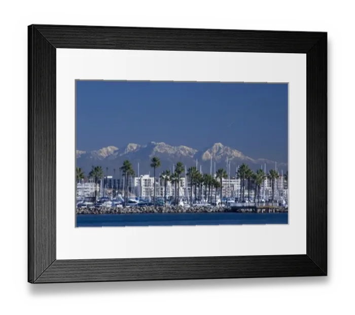 Framed Print : California, Long Beach. Skyline views of the port area of Long Beach. Snow-capped Framed Print : California, Long Beach. Skyline views of the port area of Long Beach. Snow-capped